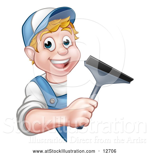 Vector Illustration of a Cartoon Happy White Male Window Cleaner Holding a Squeegee Around a Sign