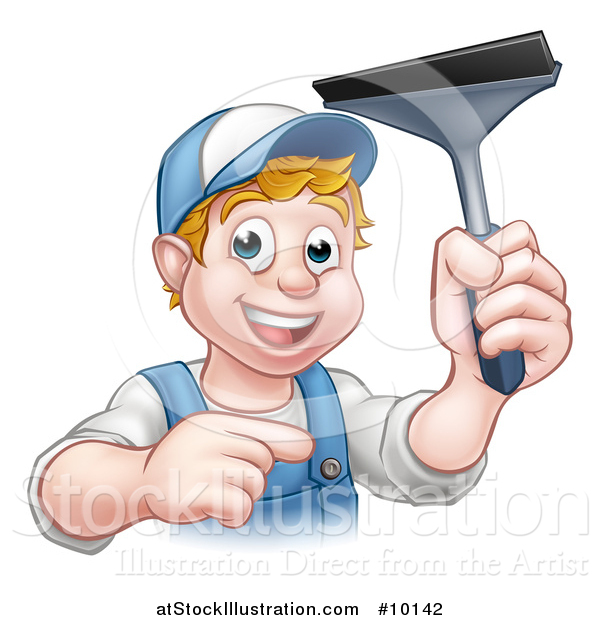 Vector Illustration of a Cartoon Happy White Male Window Cleaner in Blue, Pointing and Holding a Squeegee
