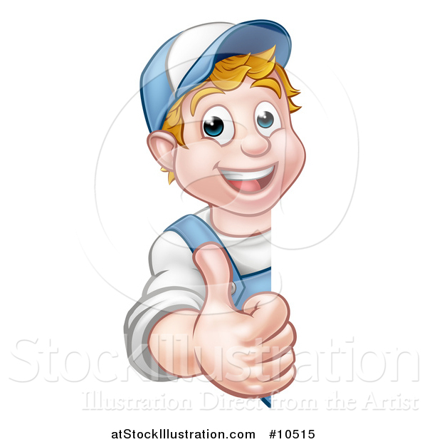 Vector Illustration of a Cartoon Happy White Male Worker Giving a Thumb up Around a Sign