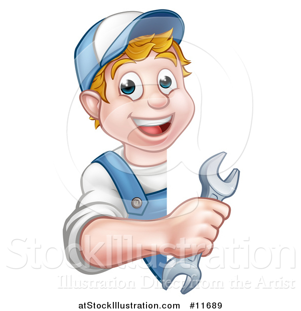 Vector Illustration of a Cartoon Happy White Male Worker Holding a Spanner Wrench Around a Sign