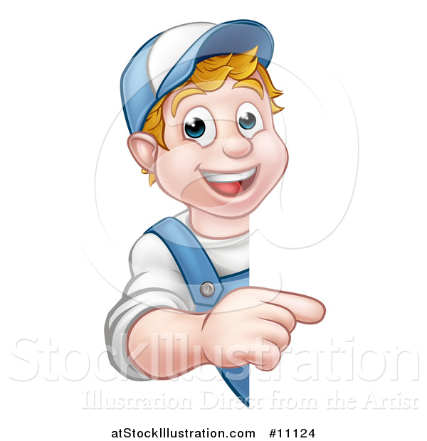 Vector Illustration of a Cartoon Happy White Male Worker Pointing Around a Sign