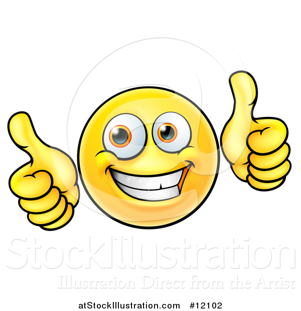 Vector Illustration of a Cartoon Happy Yellow Emoji Smiley Face Emoticon Holding Two Thumbs up