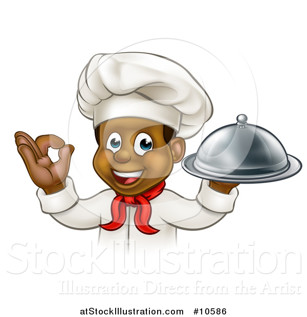 Vector Illustration of a Cartoon Happy Young Black Male Chef Holding a Cloche Platter and Gesturing Ok or Perfect