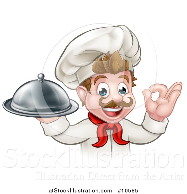 Vector Illustration of a Cartoon Happy Young White Male Chef Holding a Cloche Platter and Gesturing Ok or Perfect