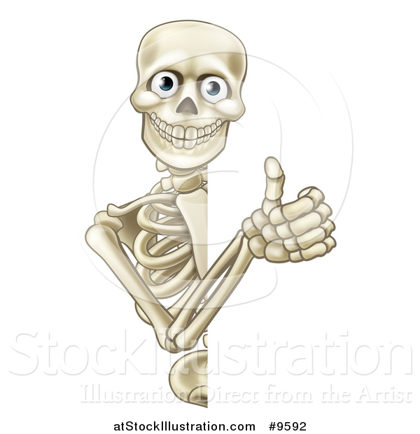 Vector Illustration of a Cartoon Human Skeleton Giving a Thumb up Around a Sign