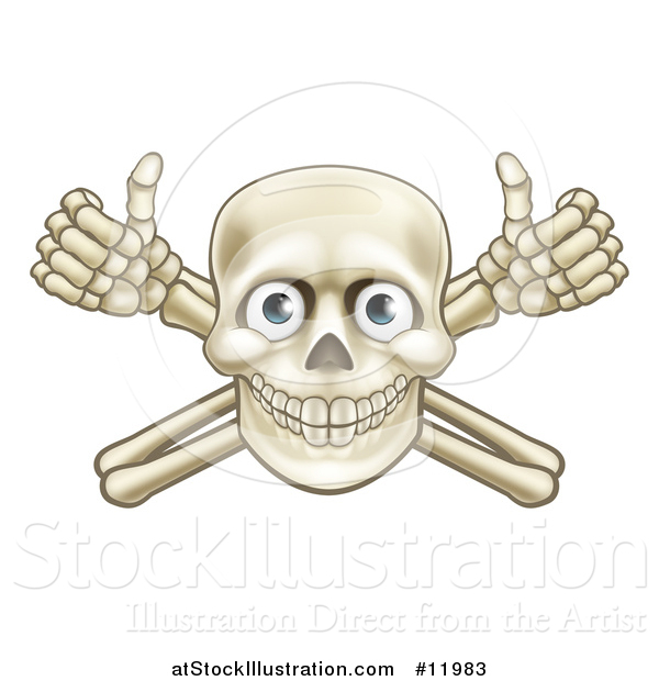 Vector Illustration of a Cartoon Human Skull and Crossbone Arms with Thumbs up