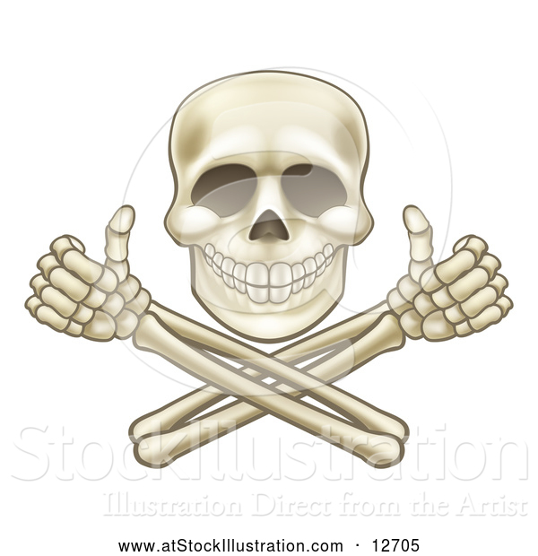 Vector Illustration of a Cartoon Human Skull and Crossbone Arms with Thumbs up