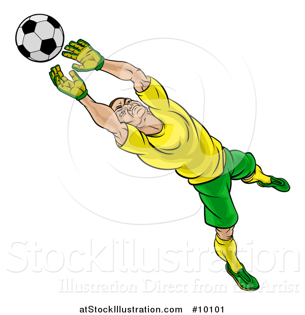 Vector Illustration of a Cartoon Male Goal Keeper Soccer Player in a Green and Yellow Uniform, Sacing a Goal