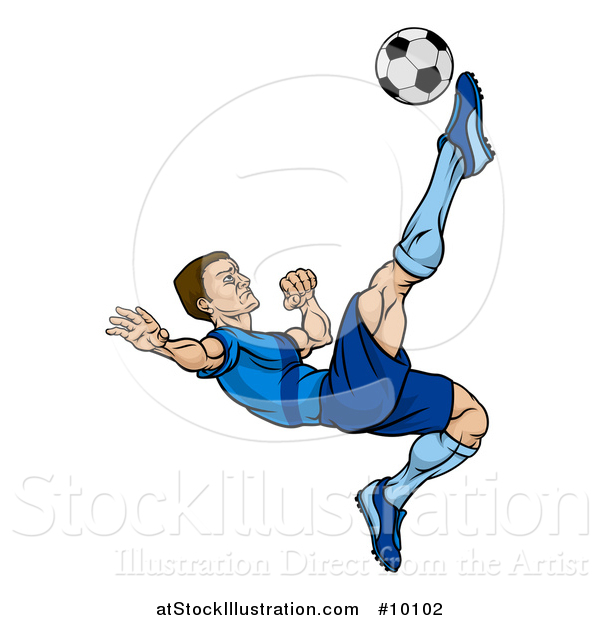 Vector Illustration of a Cartoon Male Soccer Player in a Blue Uniform, Kicking a Ball in Mid Air