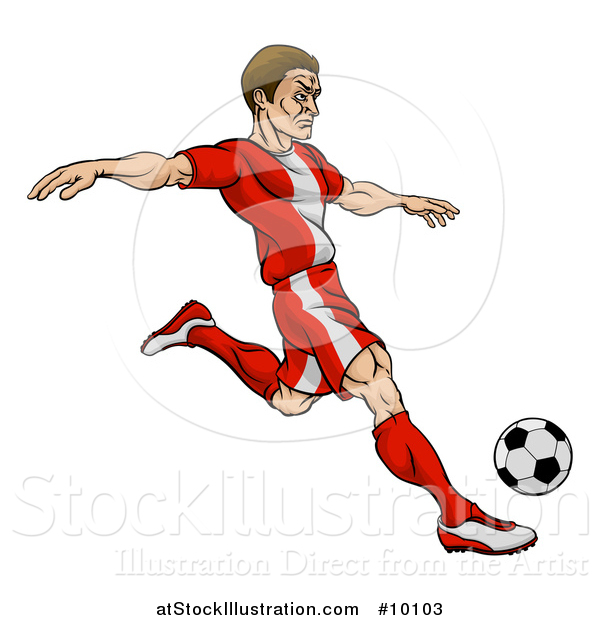 Vector Illustration of a Cartoon Male Soccer Player in a Red Uniform, Kicking a Ball