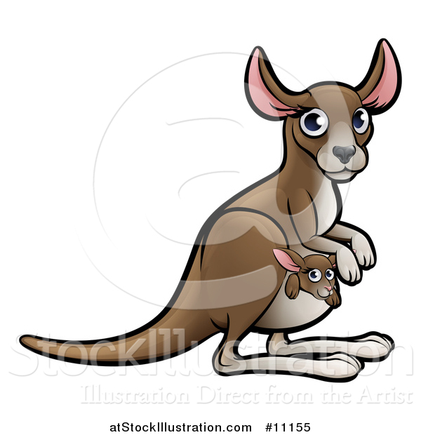 Vector Illustration of a Cartoon Mother and Baby Kangaroo