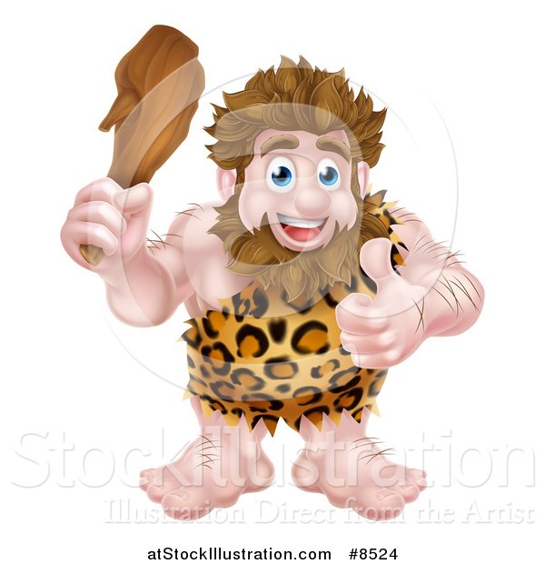 Vector Illustration of a Cartoon Muscular Happy Caveman Holding a Club and Giving a Thumb up