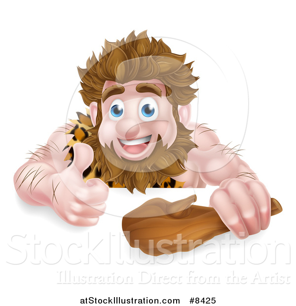 Vector Illustration of a Cartoon Muscular Happy Caveman Holding a Club and Giving a Thumb up over a Sign