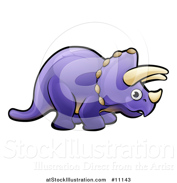 Vector Illustration of a Cartoon Purple Triceratops Dino Facing Right