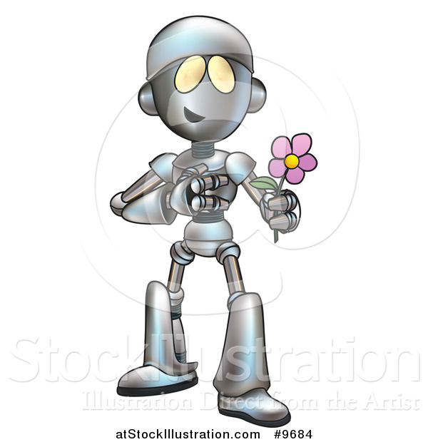 Vector Illustration of a Cartoon Romantic Robot Giving a Flower