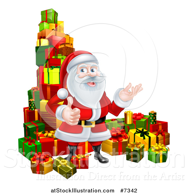 Vector Illustration of a Cartoon Santa Claus Presenting and Giving a Thumb up by Stacked Christmas Gifts 2