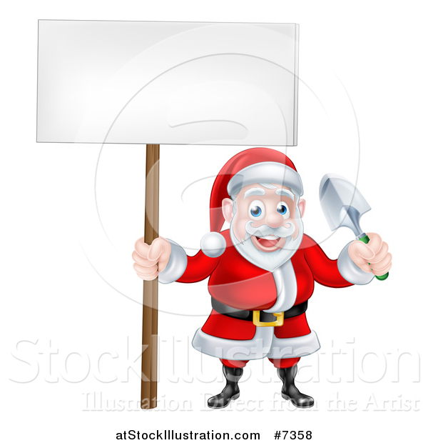 Vector Illustration of a Cartoon Santa Holding a Blank Sign and a Garden Trowel