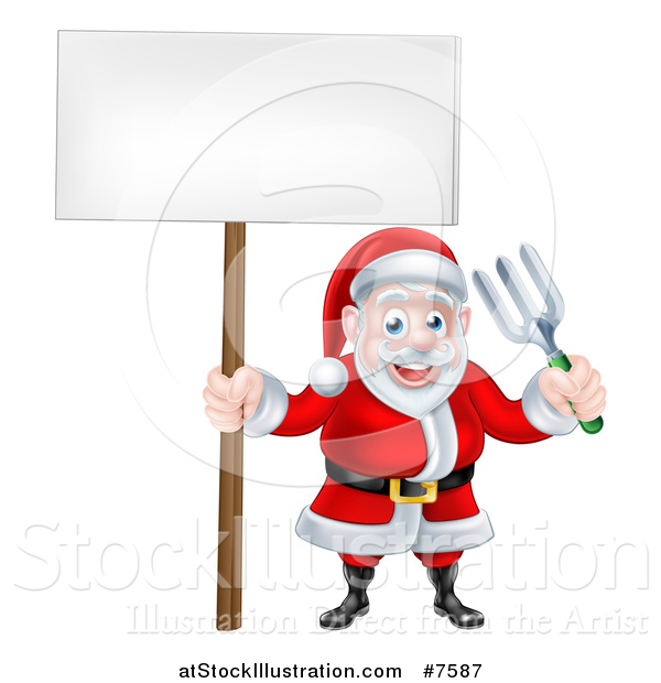 Vector Illustration of a Cartoon Santa Holding a Blank Sign and Garden Fork 2