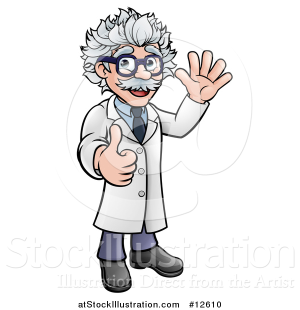 Vector Illustration of a Cartoon Scientist Waving and Giving a Thumb up