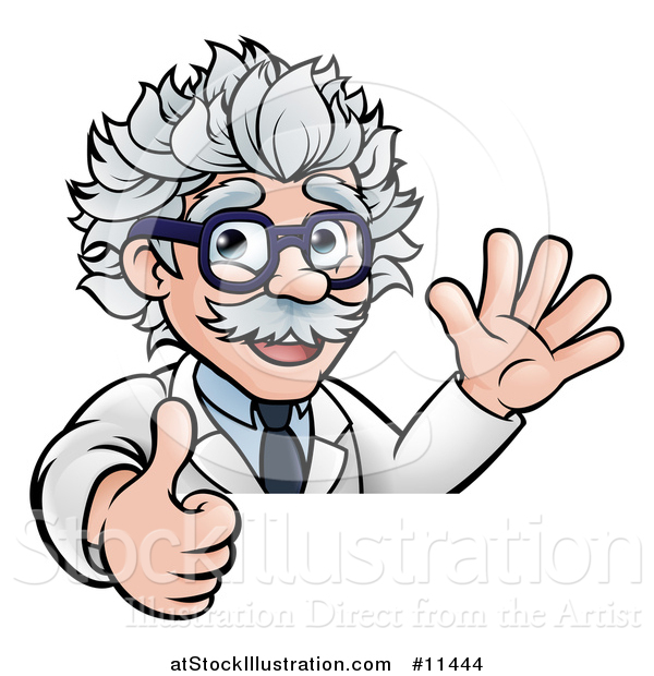Vector Illustration of a Cartoon Senior Male Scientist Giving a Thumb up and Waving over a Sign