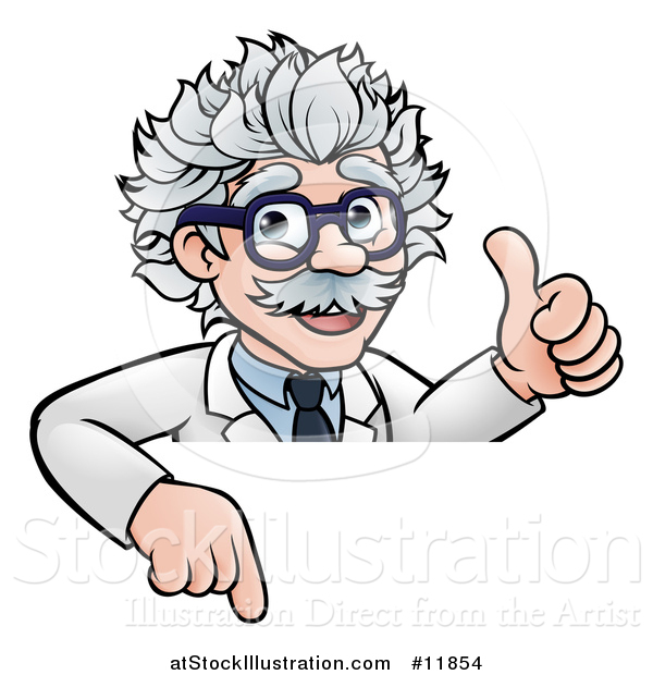 Vector Illustration of a Cartoon Senior Male Scientist Giving a Thumb up over a Sign
