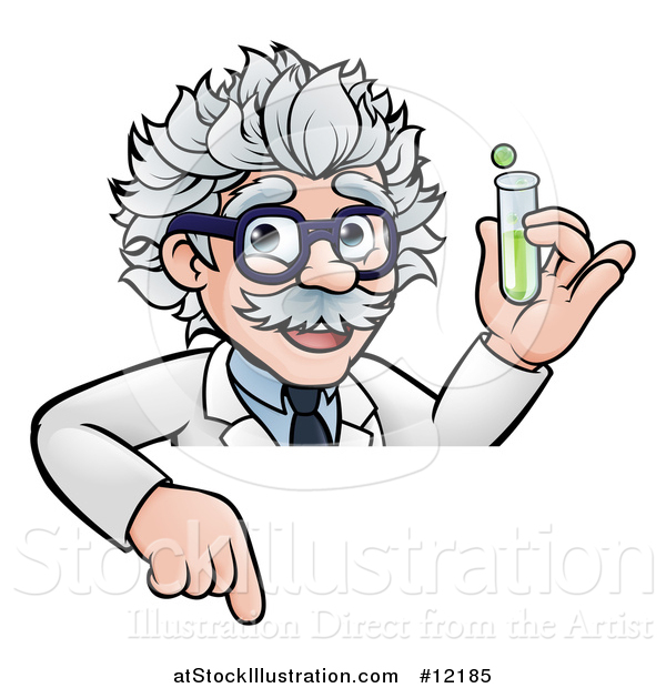 Vector Illustration of a Cartoon Senior Male Scientist Holding a Test Tube over a Sign