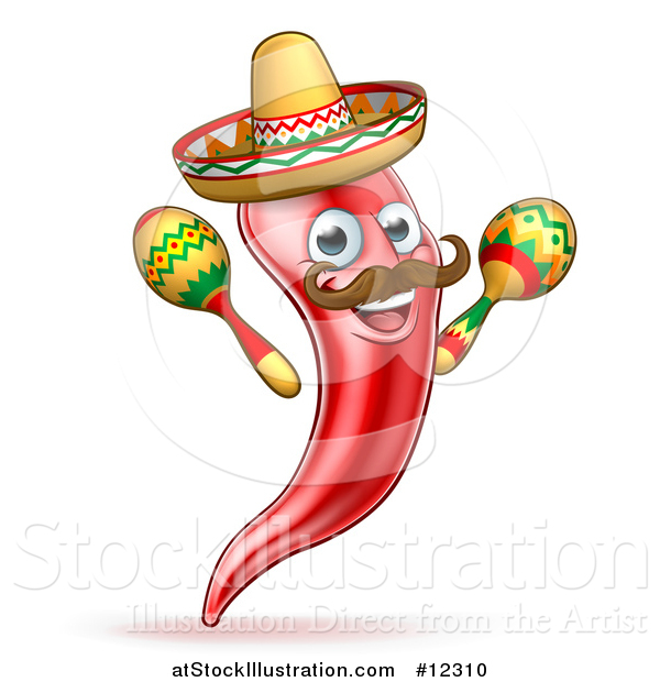 Vector Illustration of a Cartoon Spicy Hot Red Chili Pepper Mascot Wearing a Sombrero Hat and Shaking Mexican Maracas