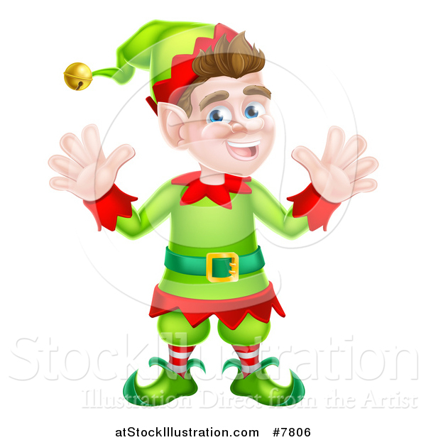 Vector Illustration of a Cartoon Welcoming Brunette White Male Christmas Elf Waving with Both Hands