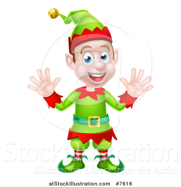 Vector Illustration of a Cartoon Welcoming Young Male Christmas Elf Waving with Both Hands