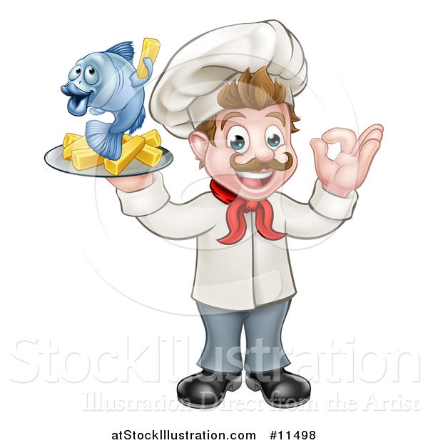 Vector Illustration of a Cartoon White Male Chef Gesturing Ok and Holding a Fish and Chips on a Tray