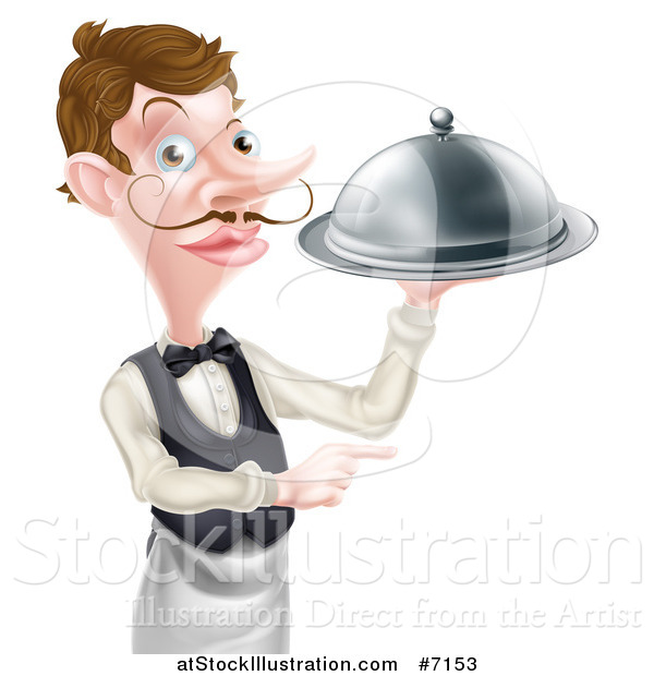 Vector Illustration of a Cartoon White Male Waiter with a Curling Mustache, Pointing and Holding a Cloche Platter