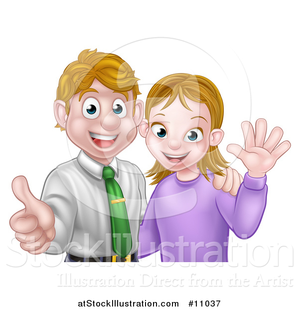 Vector Illustration of a Cartoon Young Caucasian Couple Waving and Giving a Thumb up