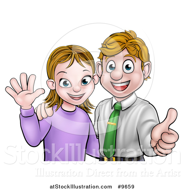 Vector Illustration of a Cartoon Young Caucasian Couple Waving and Giving a Thumb up