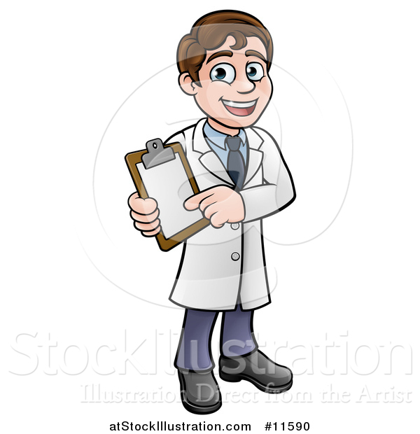 Vector Illustration of a Cartoon Young Male Scientist Holding a Clipboard