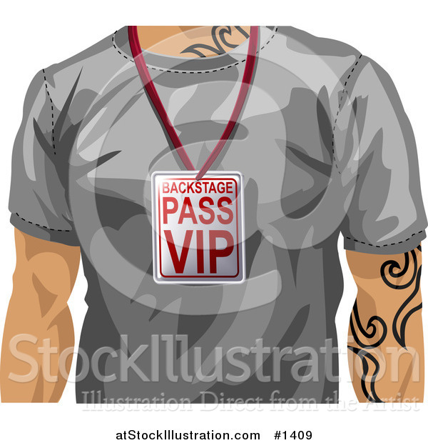 Vector Illustration of a Casual Man with Tattoos, Wearing a Gray T Shirt and a Vip Backstage Pass Around His Neck