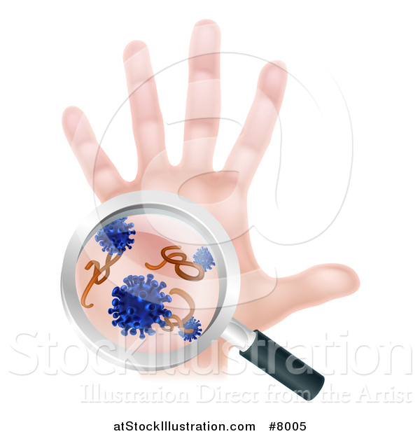 Vector Illustration of a Caucasian Antibacterial Hand with Germs, and Viruses Through a Magnifying Glass