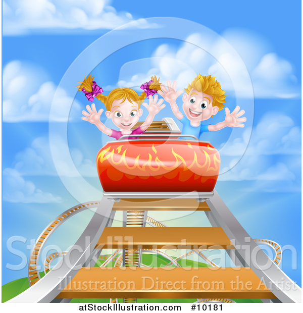 Vector Illustration of a Caucasian Boy and Girl on a Roller Coaster Ride, Against a Blue Sky with Clouds