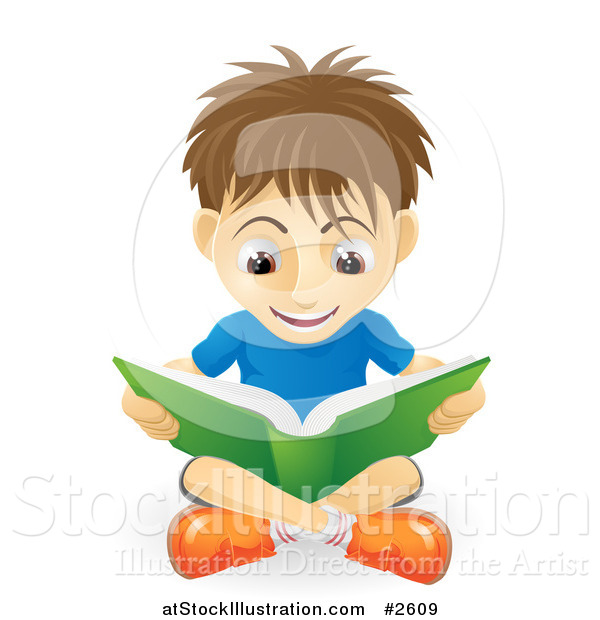 Vector Illustration of a Caucasian Boy Reading a Book on the Floor