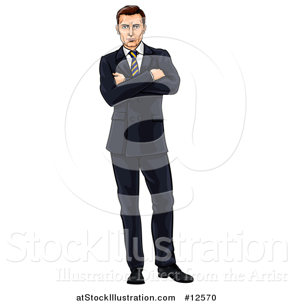 Vector Illustration of a Caucasian Businessman Standing with Folded Arms