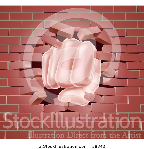 Vector Illustration of a Caucasian Fist Punching Through a 3d Red Brick Wall