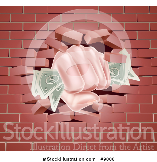 Vector Illustration of a Caucasian Hand Fisted and Holding Cash Money, Breaking Through a Red Brick Wall