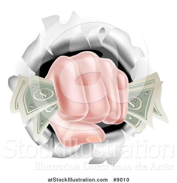 Vector Illustration of a Caucasian Hand Fisted and Holding Cash Money, Breaking Through a Wall