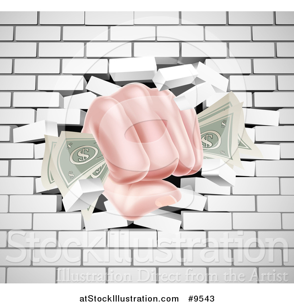 Vector Illustration of a Caucasian Hand Fisted and Holding Cash Money, Breaking Through a White Brick Wall