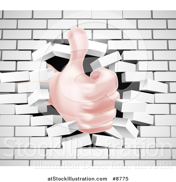 Vector Illustration of a Caucasian Hand Giving a Thumb up and Breaking Through a 3d White Brick Wall