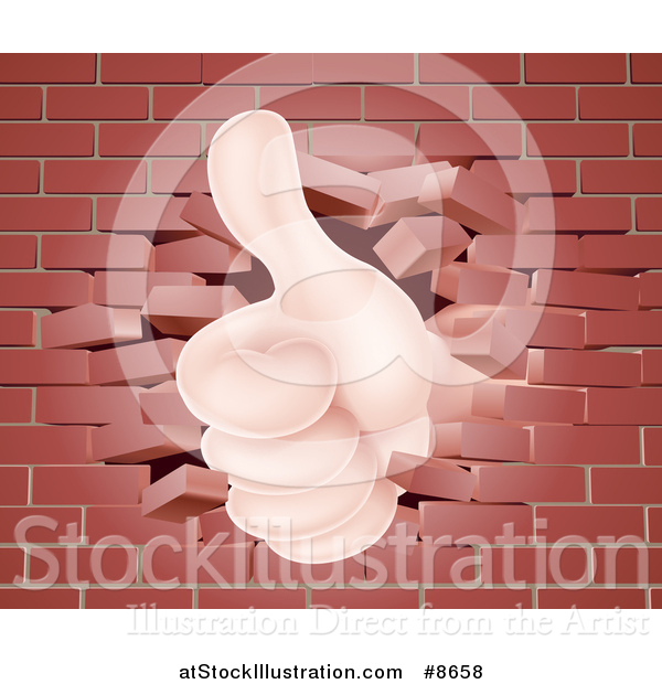 Vector Illustration of a Caucasian Hand Giving a Thumb up and Breaking Through a Brick Wall