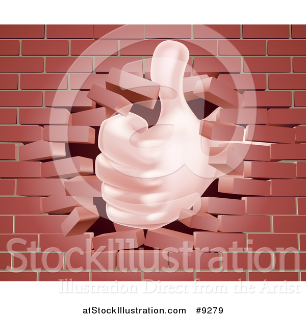 Vector Illustration of a Caucasian Hand Giving a Thumb up and Breaking Through a Brick Wall