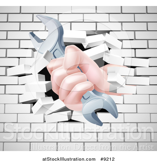 Vector Illustration of a Caucasian Hand Gripping a Wrench and Breaking Through a White Brick Wall