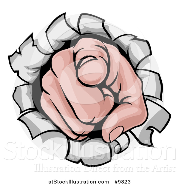 Vector Illustration of a Caucasian Hand Pointing Outwards, Breaking Through a Wall