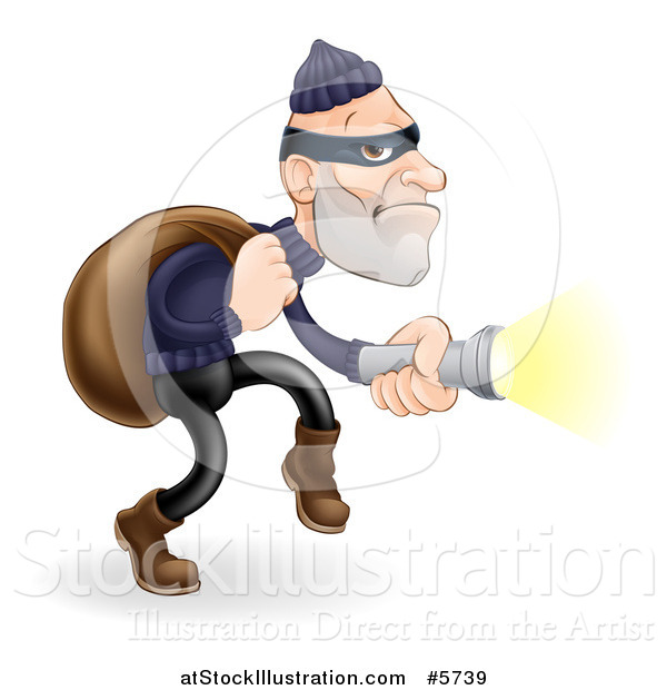 Vector Illustration of a Caucasian Male Burglar Shining a Flashlight