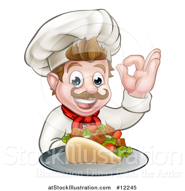 Vector Illustration of a Caucasian Male Chef Holding a Kebab Sandwich on a Tray and Gesturing Okay